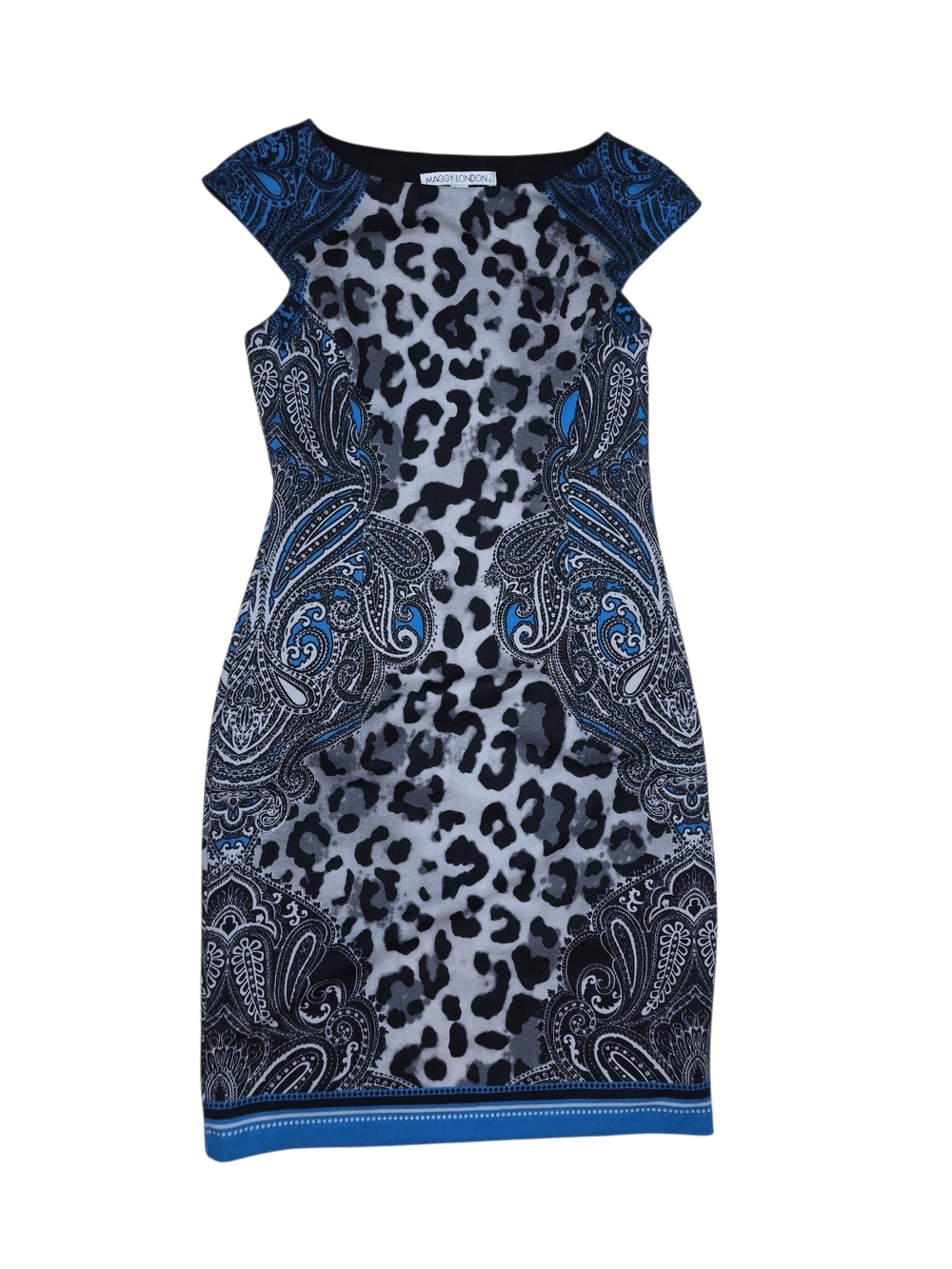 London Times Black and Blue Paisley-Leopard Midi Sheath Dress